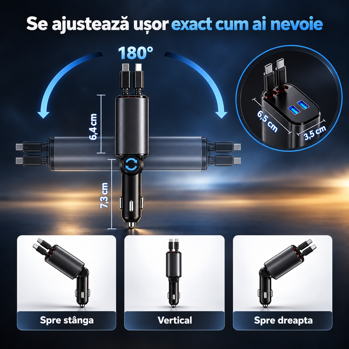 ÎNCĂRCĂTOR AUTO RETRACTABIL 4-ÎN-1