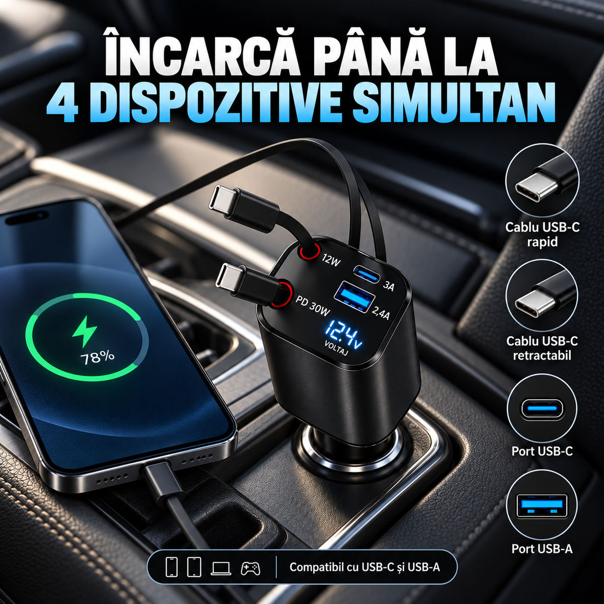 ÎNCĂRCĂTOR AUTO RETRACTABIL 4-ÎN-1